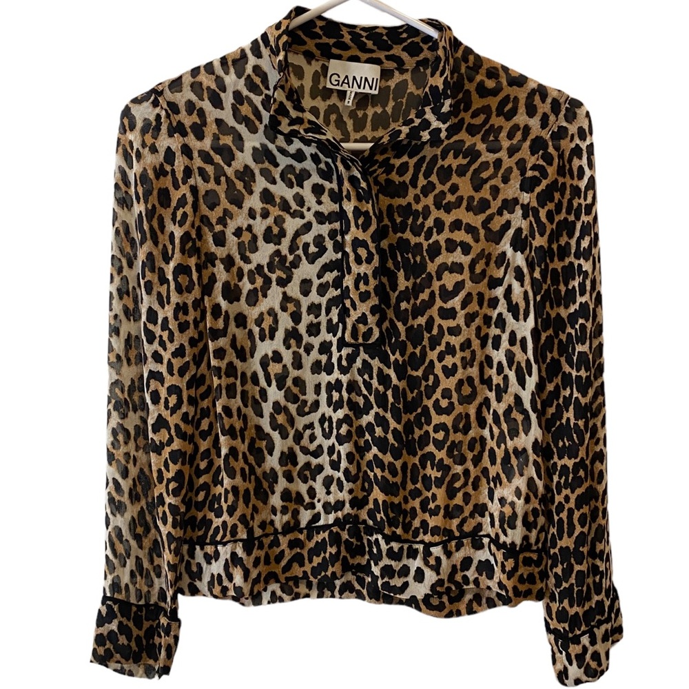 GANNI Leopard Print Georgette Long Sleeve Blouse - Picture 4 of 15